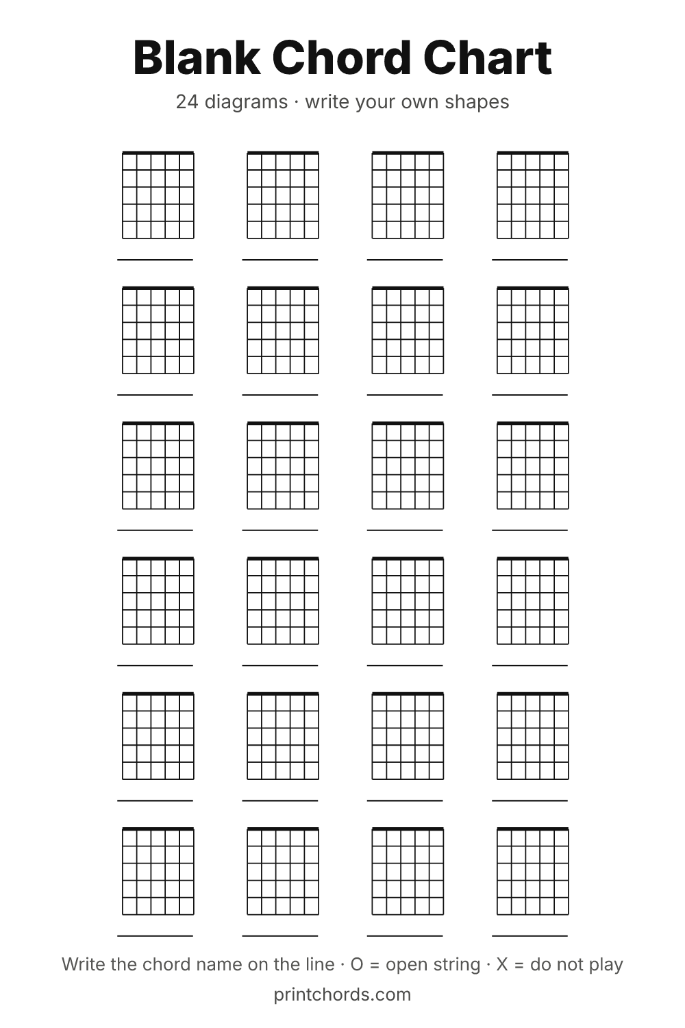 Blank guitar chord chart with 24 empty chord diagrams, printable